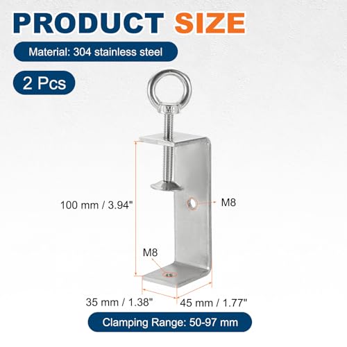 HARFINGTON 2 Pcs 304 Stainless Steel C Clamps 100mm Square Mini Tiger Clamp Adjustable Heavy Duty Metal U Clip with Eye Hook Screw for Woodworking Welding Mounting, Silver - size: 100mm