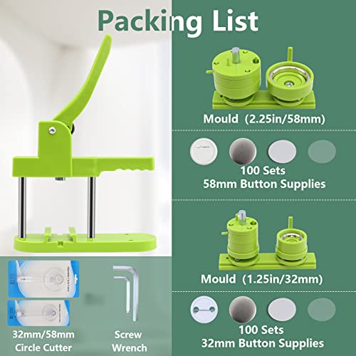 Happizza Button Maker Machine Multiple-Sizes - Pin Maker Machine 1.25 inch+2.25 inch, Interchangeable Button-models Badge Button Press Machine with 200 Sets 32+58mm Button Maker Supplies&Circle Cutter - size: Green 1.25+2.25 inch (200 Sets)