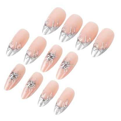 Silver French Tip Press on Nails Medium Almond Fake Nails with 3D Designs Gothic Full Cover Glue on Nails Reusable Glossy Y2K Silver Metal Acrylic False Nails for Women 24Pcs