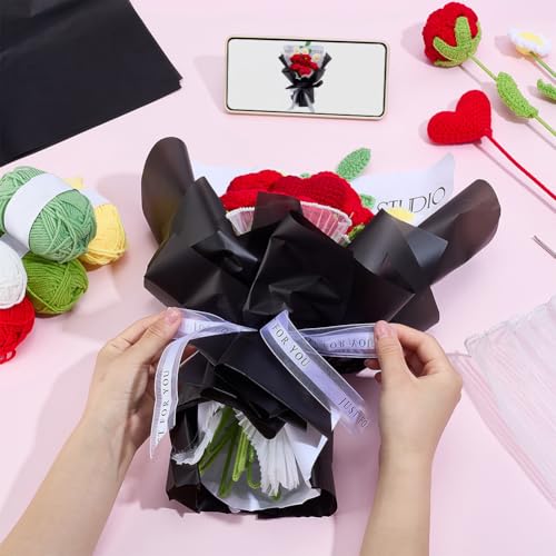 INFUNLY 15 Set Valentine's Day Crochet Flower Bouquet Kit Red Rose DIY Crochet Flower Kit for Beginners White Sunflower Artificial Knitted Bouquet with Step-by-Step Tutorial for Wedding Bridal Decor - style: Red Rose