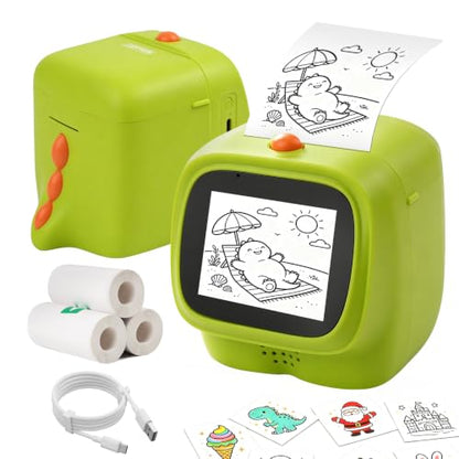 AI Voice Sticker Maker for Kids, Mini Thermal Printer, Lime Dino - color: Yellow Green