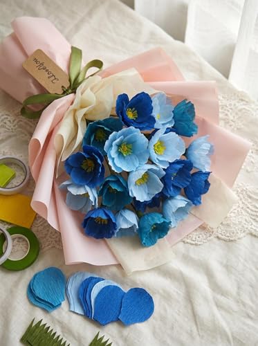 Blue Crepe Paper Poppy Flower DIY Making Kit 24 pcs Easy-to-Make Handcraft Supplies for Beginners & Artisans - color: Blues