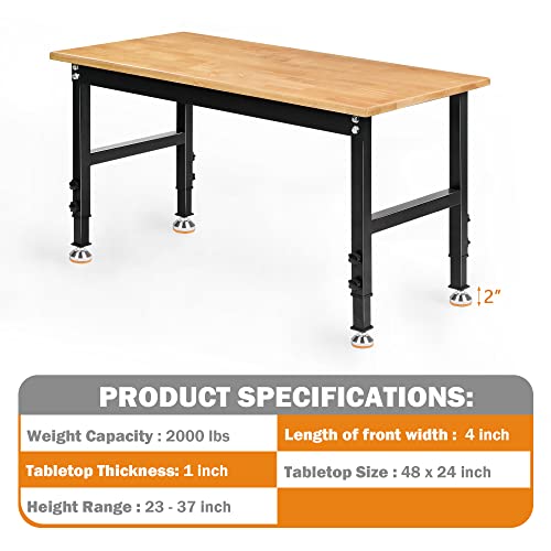 Betterhood 48" Heavy-Duty Adjustable Workbench for Garage, Rubber Wood Shop Table W/Rubber Pads, Hardwood Workstation Weight Capacity Over 2000 Lbs - size: Rubber Pad / 48"x23.6"x37"