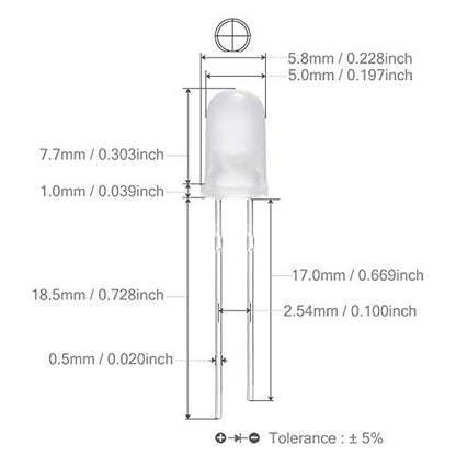 CHANZON 100 pcs 5mm White Diffused LED Diode Lights(DC 3V 20mA) - color: B) White-white (100pcs)