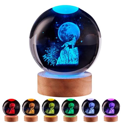 3D Wolf Crystal Ball Lamp with Remote Control, 3.15 inch Crystal Night Light with Wooden Base 16 Colors Change, Glass Figurine Lamp Gift for Girls Boys Wife Girlfriend Mom (Wolf) - color: Wolf