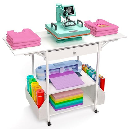 Crafit Foldable Heat Press Table, Hold 36 Vinyl Rolls, Large with Wheels - color: Enlarged Size - White