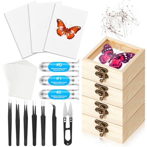 Spiareal 32 Pcs Insect Specimen Tools Kit Include 3.54 x 3.54 x 1.77 in 4 Pcs Display Case Box 3 Foam Pinning Board 3 Tubes Pins 6 Tweezers Butterfly Insect Pinning Kit Entomology Collection Supplies