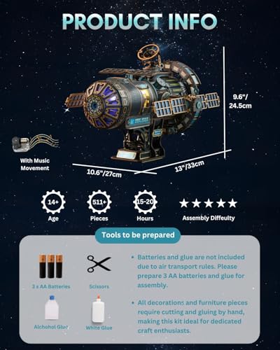 Celestigon Station Self-Running Motorized DIY Miniature House Kit w/LED Light – Interstellar Space Station Dollhouse Kit – Wood 3D Puzzles Tiny House Book Nook for Christmas Birthday Gifts