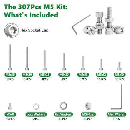 307 Pcs M5 Hex Socket Cap Screws Nuts Flat Washers Kit, 304 SS - size: SS M5 307pcs 3
