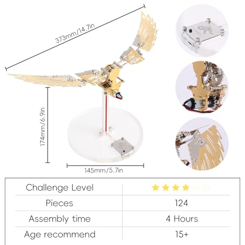 Flying Wings 3D Metal Puzzle Kit - Mechanical Biomimetic Wings with Micro Motor, DIY Kinetic Sculpture for Adults, Precision Electroplating Craftsmanship & Interactive STEM Model Gift（Golden） - color: Golden