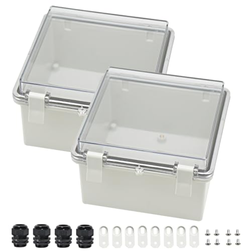 Zulkit 2pcs Junction Box ABS Plastic Dustproof Waterproof IP65 Electrical Boxes Hinged Shell Outdoor Universal Project Enclosure Clear Cover with 2 Cable Glands 5.9 x 5.9 x 3.5 inch (150x150x90 mm) - size: 5.9" x 5.9" x 3.5"(2pcs)