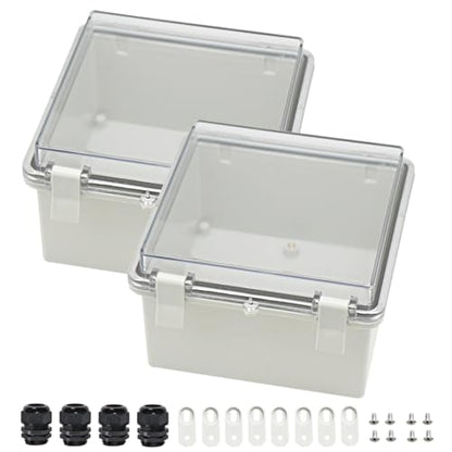 Zulkit 2pcs Junction Box ABS Plastic Dustproof Waterproof IP65 Electrical Boxes Hinged Shell Outdoor Universal Project Enclosure Clear Cover with 2 Cable Glands 5.9 x 5.9 x 3.5 inch (150x150x90 mm) - size: 5.9" x 5.9" x 3.5"(2pcs)