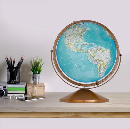 Treasury 12" Diameter Blue Illuminated Globe, USA Cartography, Convertible to Desktop with Sturdy Metal Base and Hand Turned Hard Wood Stand.This economical 12” floor model stands 32” high on a durable metal base and attractive wooden pedestal. Easily con