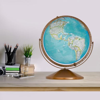 Treasury 12" Diameter Blue Illuminated Globe, USA Cartography, Convertible to Desktop with Sturdy Metal Base and Hand Turned Hard Wood Stand.This economical 12” floor model stands 32” high on a durable metal base and attractive wooden pedestal. Easily con