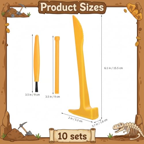 10 Set Excavation Tool Kit: Dino Fossils Dig Kit for Kids, Bulk Archaeology Dig Tools with Mini Hammer Chisel and Brush for Fossil Gem Digging, Science Toy