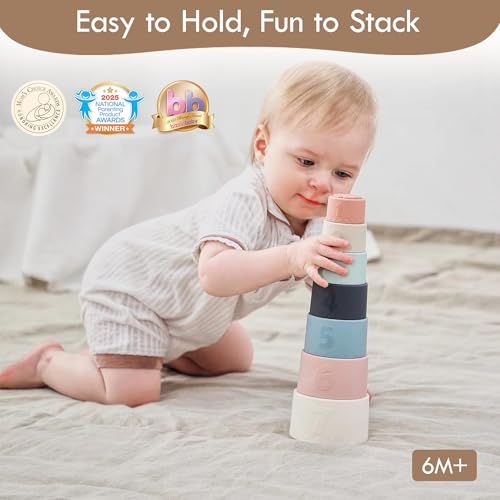 Moonkie Stacking Cups Toy, Fun Educational Baby Toys Silicone Soft Teething Toy, Age 6+ Months, 7 Piece Set - color: Fine Day