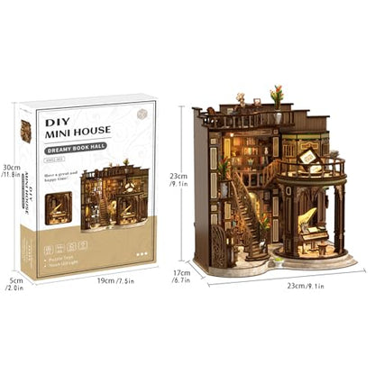 Dreamy Book Hall Book Nook Kit – DIY Miniature Dollhouse 3D Wooden Puzzle, Multi-Layer Vintage Library with LED Warm Light, Premium Imported Wood Bookends, Creative Gift for Adults & Teens - style: Dreamy Book Hall