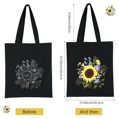 Canvas Tote Bag Embroidery Kit with Sunflower Pattern, Embroidery Kits for Beginners Adults, Arts and DIY Crafts Embroidery Starter kit, Include Stamped Embroidery Bag, Color Threads, Embroidery Tools - color: Black with Sunflower