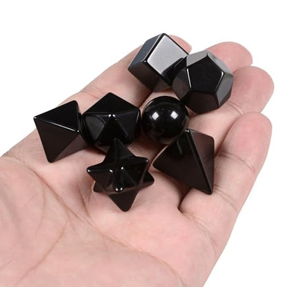 Justinstones 7-Piece Black Obsidian Natural Crystal Geometry Collection Healing Crystals Kit Sacred Geometry Platonic Solids Geometric Set Tumbled Stones Specimen Collection - style: Black Obsidian