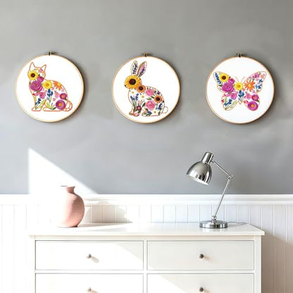 INFUNLY 6 Pack Animal Flowers Embroidery Starter Kit for Beginners Butterfly Cat DIY Embroidery Kits for Adults Rooster Squirrel Stamped Needlepoint Set with Step-by-Step Instruction Craft Lover Gift - style: Animal Flowers