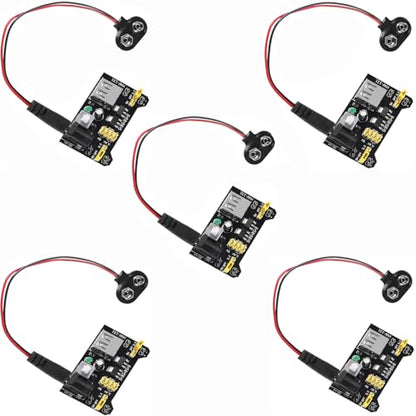 5 Sets 3.3V 5V MB102 Solderless Breadboard Power Supply Module with 9V Battery Clip Power Cable 2.1x 5.5mm Male DC Jack Plug for Arduino (Pack of 5) - size: 5 Set