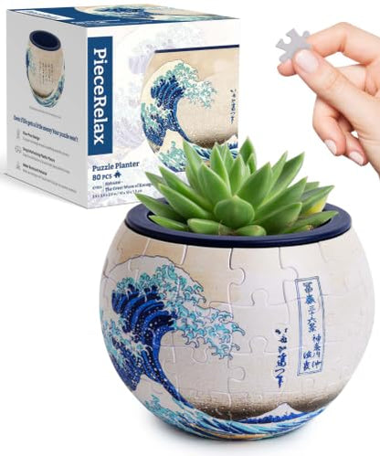 PieceRelax Unique 3D Puzzle Planter - 80 Plastic Pieces [K1154] - color: Hokusai - the Great Wave of Kanagawa