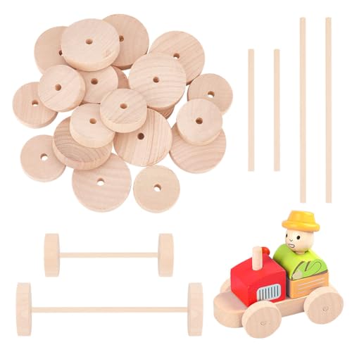 OLYCRAFT 1.8/1.4 Inch Unfinshed Wood Craft Wheels with Stick Flat Round - size: 1.8 inch & 1.4 inch