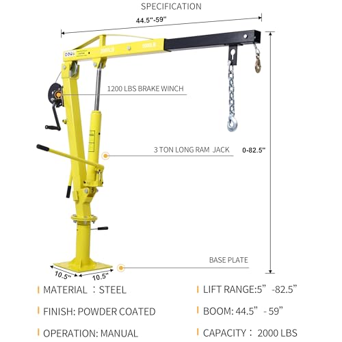 Truck Crane Truck Bed Hoist with Hand Winch Pickup Jib Crane 2000 lbs Capacity Hydraulic Extendable Boom 360° Pivot Yellow - color: Yellow