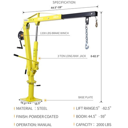 Truck Crane Truck Bed Hoist with Hand Winch Pickup Jib Crane 2000 lbs Capacity Hydraulic Extendable Boom 360° Pivot Yellow - color: Yellow