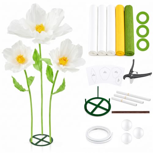 Moxweyeni 3 Pcs 5.5 ft Giant White Poppy Paper Flower DIY Kit with Stand - color: White, style: Poppy