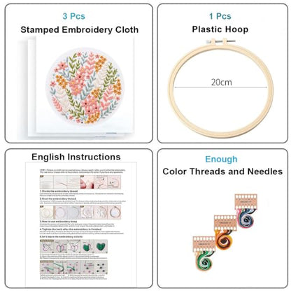 Konrisa Blossoms Embroidery Kit for Adults Beginners, Floral Stamped Embroidery Starter Kit DIY Sewing Practice, Needlepoint Cross Stitch Set of 3 - color: flowers03