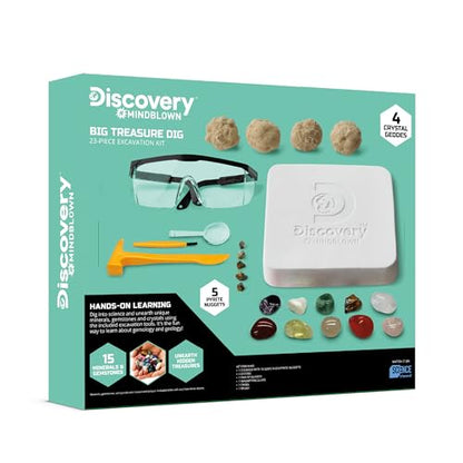 Discovery™ Big Treasure Dig STEM Kit – 23-Piece Excavation Set for Kids| Dig for 15 Gemstones, 4 Crystal Geodes & Pyrite Nuggets| Real Tools| Educational Geology Toy| Science Activity Gift| Ages 8+