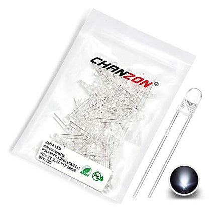 CHANZON 100 pcs 3mm White LED Diode Lights (DC 3V 20mA) - color: B) White, size: 3mm Round Top