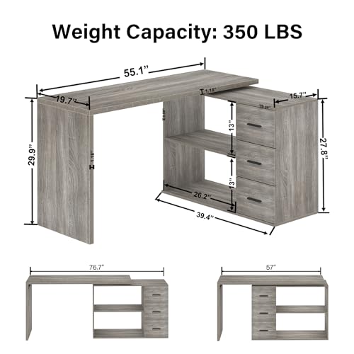 HSH 55-76 Inch Light Grey L Shaped Desk,Corner Desk with Storage Drawers - color: Light Grey