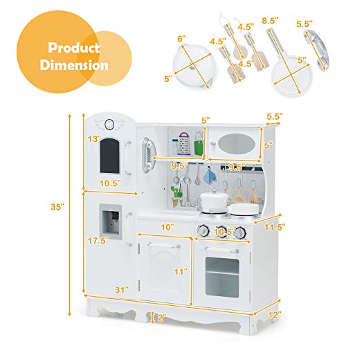 Costzon Kids Kitchen Playset, Wooden Toddlers Toy Kitchen with Light & Sound, Microwave, Ice Maker, Oven, Sink & Faucet, Cooking Accessories, Pretend Play Kitchen, Gift for Boys Girls Age 3+ - color: White