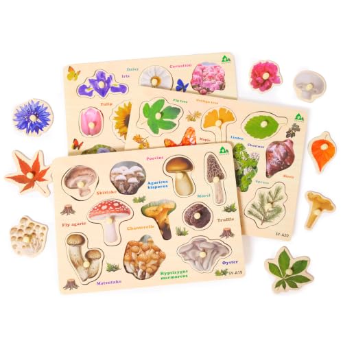 GRINNIE Wooden Toddler Puzzle for Kid 3 4 5 Years Old, 3 PCS Montessori Toys Puzzle for 2-4 Toddlers (Mushrooms Flowers Leaves), Great Preschool Learning Puzzles Birthday Gifts for Girls Boys