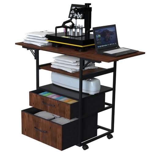 Heat Press Table with Pull-Out Tray, 4-Tier Rolling Workstation - color: Brown