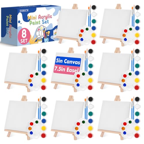 ESRICH 8 Set Mini Acrylic Paint Kit, 5in Mini Canvas with 7.5in Easel - size: 8 set 5 x 5 inches