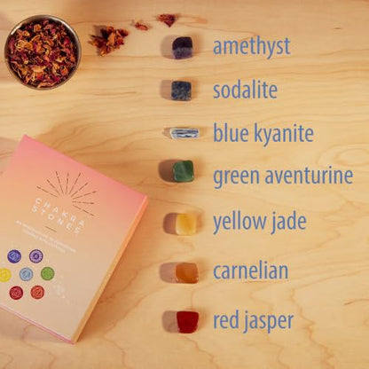 Crystal Collection Chakra Stones Set with Amethyst; Sodalite; Blue Kyanite; Green Aventurine; Yellow Jade; Carnelian; Red Jasper, Set of 7 - color: Chakra