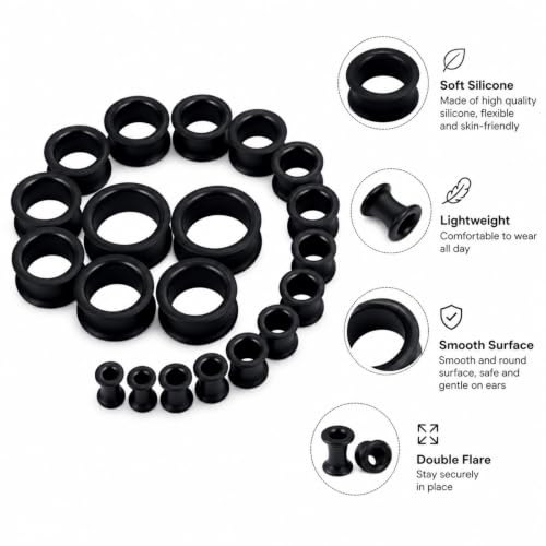 Oyaface 20 PCS Piercing Tunnel Set Soft/Hard Silicone Flesh Ear Plugs 2g-25mm Flexible Ear Stretching Gauge Expander - color: Black