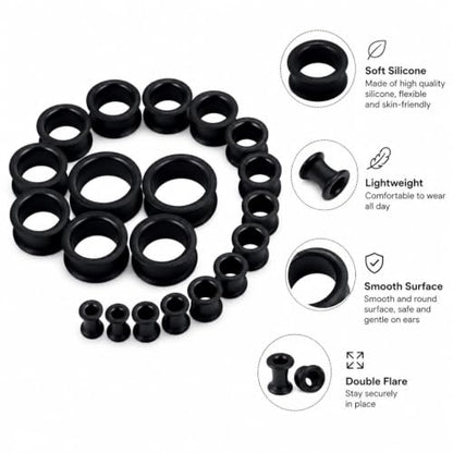 Oyaface 20 PCS Piercing Tunnel Set Soft/Hard Silicone Flesh Ear Plugs 2g-25mm Flexible Ear Stretching Gauge Expander - color: Black