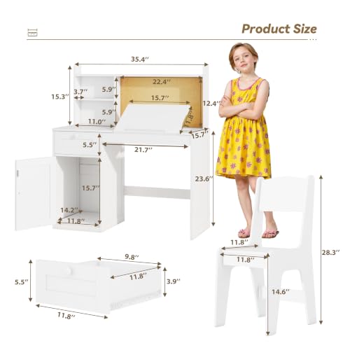 Kids Desk and Chair Set with 0-105° Tiltable Desktop for Ages 5-12, White - color: White, size: with Lift Up Hinge