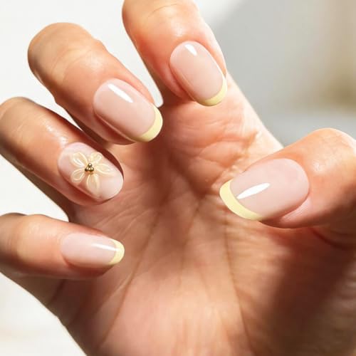 Press on Nails, 6 Packs (144 Pcs) Short Almond French Sets, 3D Floral - color: 3D Floral