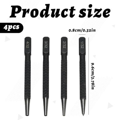 4-Piece Center Punch Set, Metal Nail Punch Kit, 1/32-4/32 inch Sizes,Drilling Holes for Breaker Puncher 1/32", 2/32", 3/32", 4/32" (Black)
