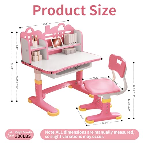 Kids Desk and Chair Set for Ages 3-12 - Height Adjustable Study Desk with Widened Desktop, Storage Drawer & Bookstand, Ergonomic Design, Supports up to 300 lbs - color: 606-pink