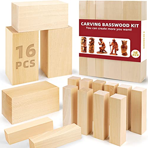Basswood Carving Blocks, 16PCS Whittling Wood Blocks Kit with 2 Different Sizes, Easy to Use, for Kids and Adults - color: 16 PCS