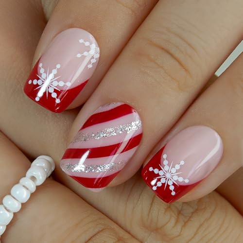 CurvLife Shrot Square Christmas Press On Nails, Candy Cane Red, Soft Gel - color: Christmas Candy