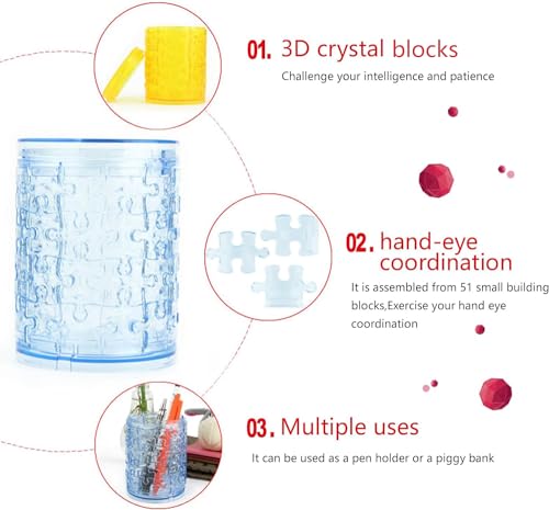 3D Crystal Pen Container Puzzle, Crystal Puzzle Brainteasers for Puzzlers Ages 16 and Up, 51PCS(Blue) - color: Blue-pen-container
