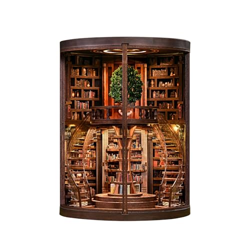 DIY Book Nook Kit with LED Light, Miniature Dollhouse, 3D Wooden Puzzle, Bookshelf Insert Decor Craft Gift (Wisdom Rings Book Repository) - style: Wisdom Rings Book Repository