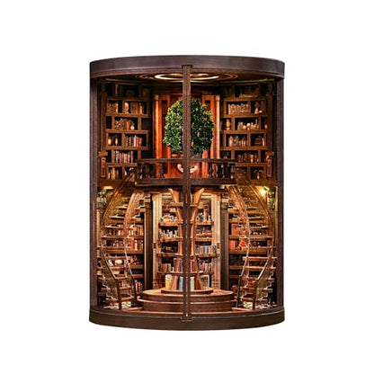 DIY Book Nook Kit with LED Light, Miniature Dollhouse, 3D Wooden Puzzle, Bookshelf Insert Decor Craft Gift (Wisdom Rings Book Repository) - style: Wisdom Rings Book Repository